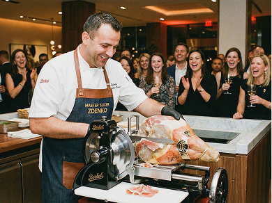 Zdenko preparing food in front of guests at a catering event